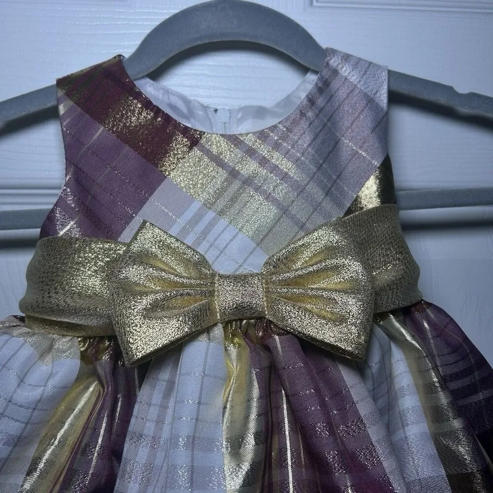 Bonnie Baby Girl’s Sleeveless Metallic Plaid Bow Dress Size 3-6 Months NWOT